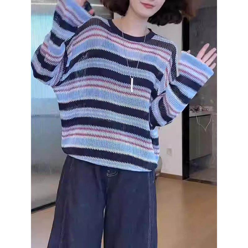ROUMIKL欧货小衫宽松长袖条纹圆领针织衫秋季新款女装原宿风休闲