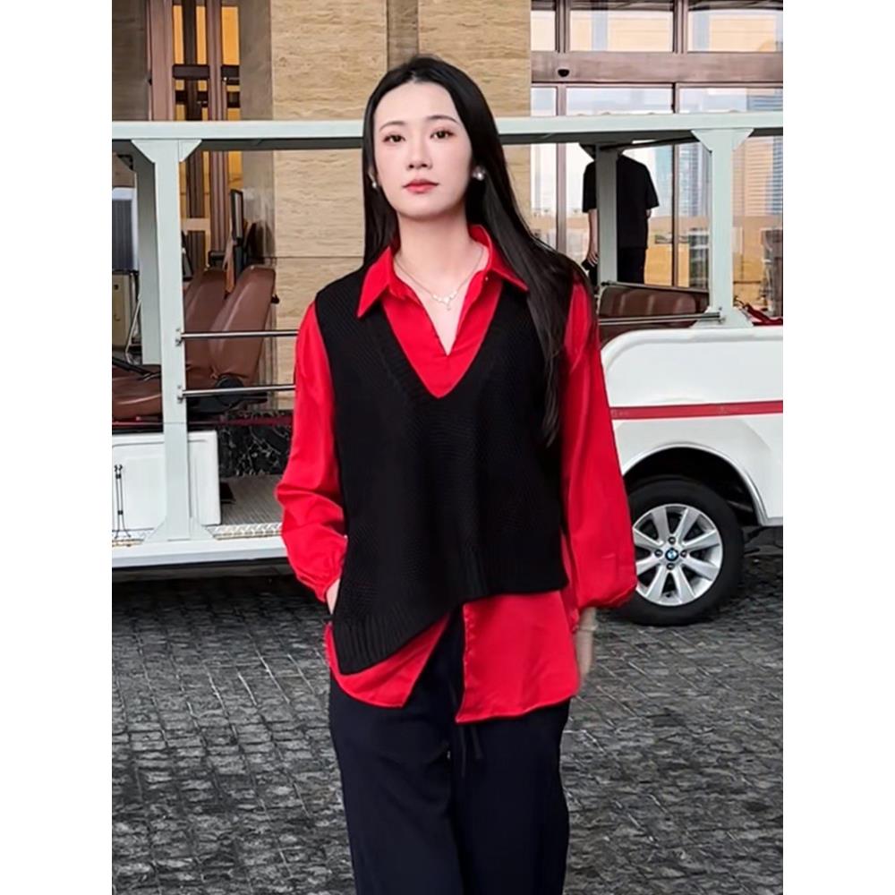 ROUMIKL秋季新款时尚穿搭套装女无袖针织马甲背心开衫翻领长袖衬