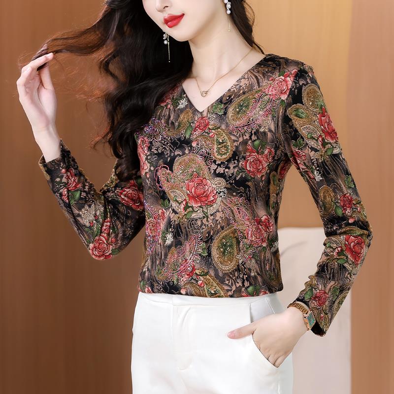 ROUMIKL高端贵夫人碎花T恤女秋冬广州十三行义乌洋气中年妈妈打底