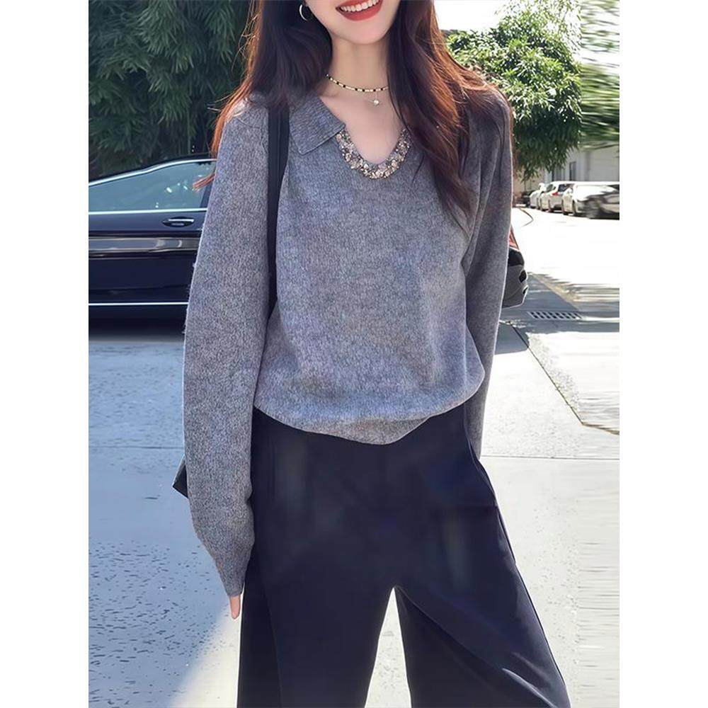 ROUMIKL法式宽松轻奢正肩长袖针织衫上衣女冬POLO衫v领设计感独特