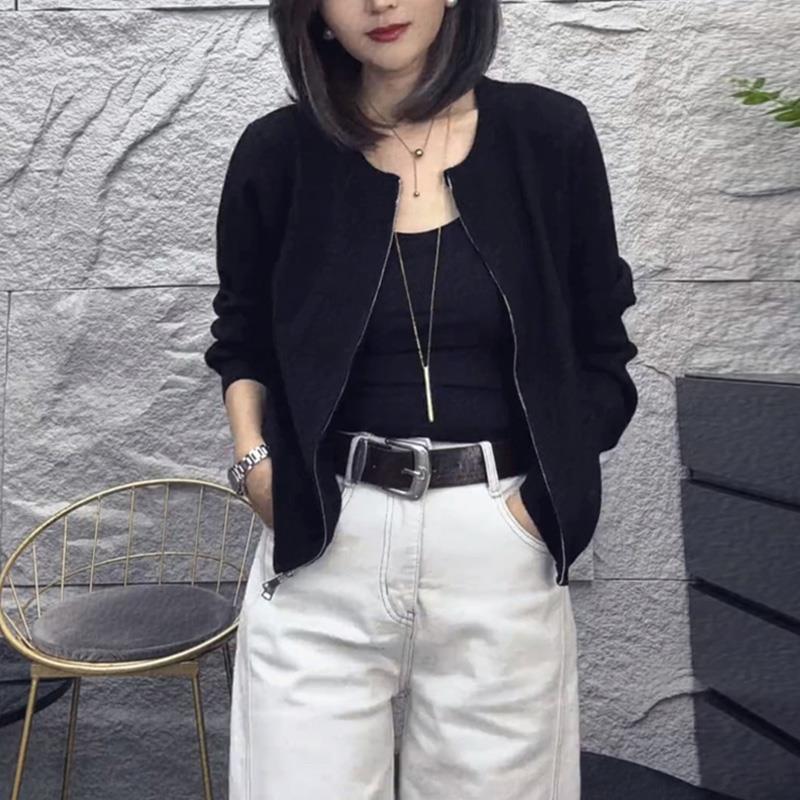 ROUMIKL韩系极简设计感黑色赫本风休闲针织衫女装夏新款短款女款