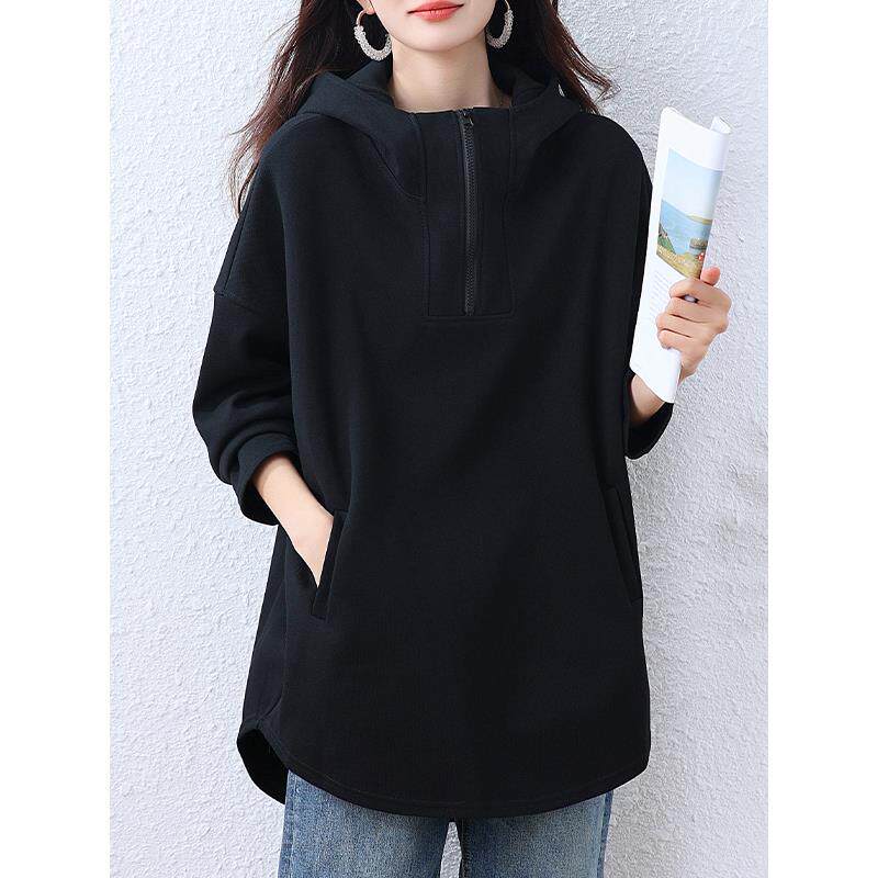 ROUMIKL高级感半拉炼连帽卫衣女秋冬季大码胖mm中长款遮屁股洋气