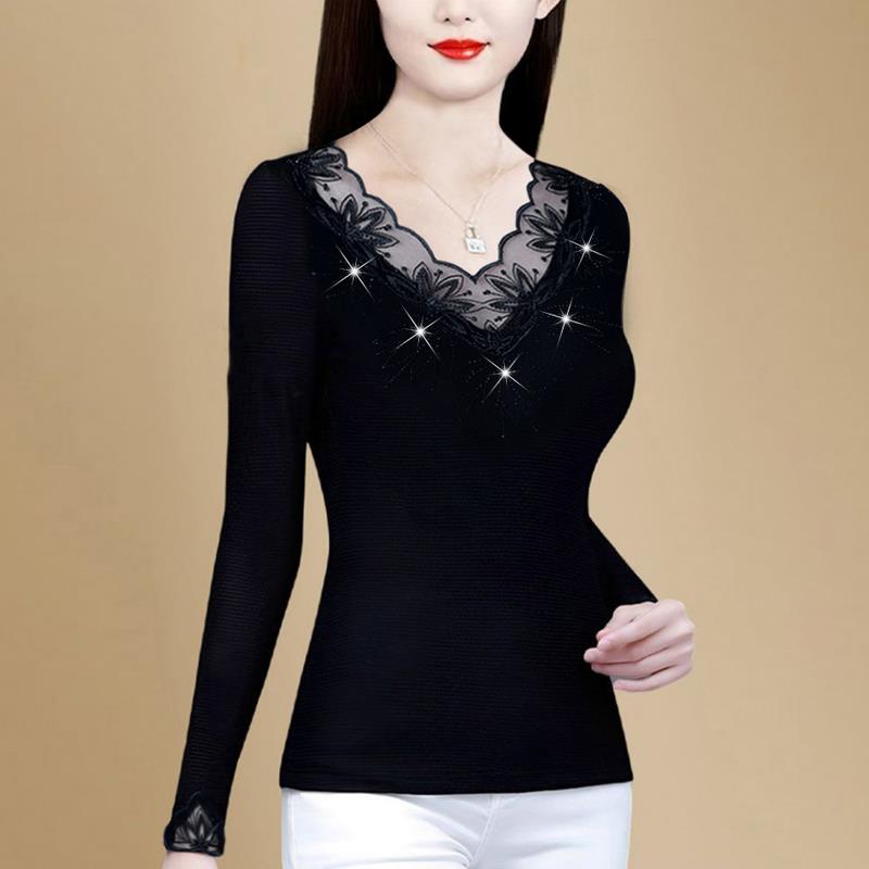 ROUMIKL高端黑色打底衫女春秋义乌超好看单穿V领贵夫人洋气T恤长