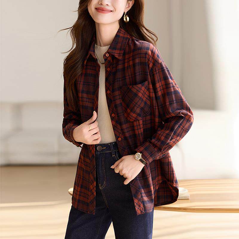 ROUMIKL加厚磨毛格子衬衫女秋冬品牌广州十三行长袖高端格纹叠穿