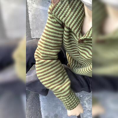 ROUMIKL时尚设计感慵懒风百搭长袖针织衫毛衣韩版宽松显瘦条纹POL