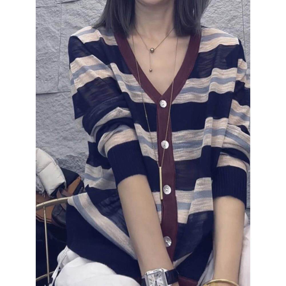ROUMIKL条纹拼色V领长袖针织衫女秋新款小众设计感休闲减龄百搭开