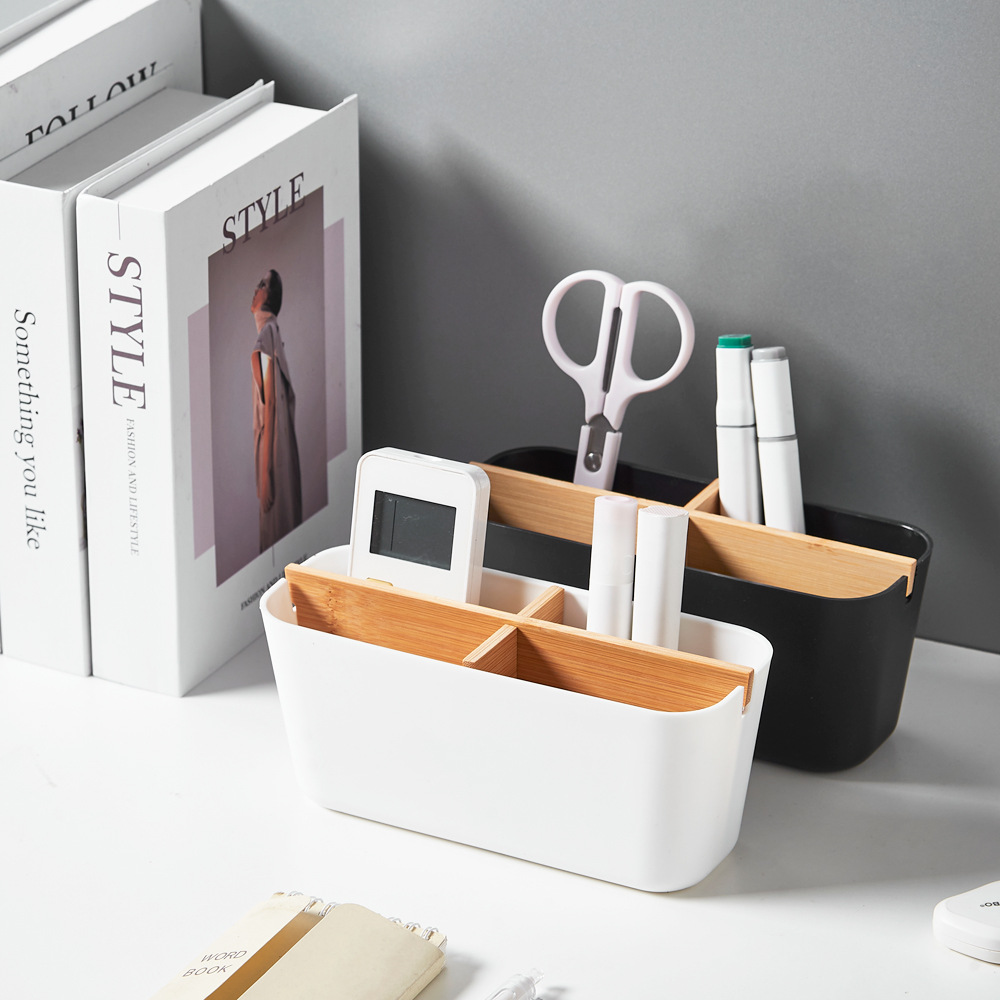 桌面收纳盒客厅茶几竹木分格遥控板杂物文具置物盒化妆品刷整理储