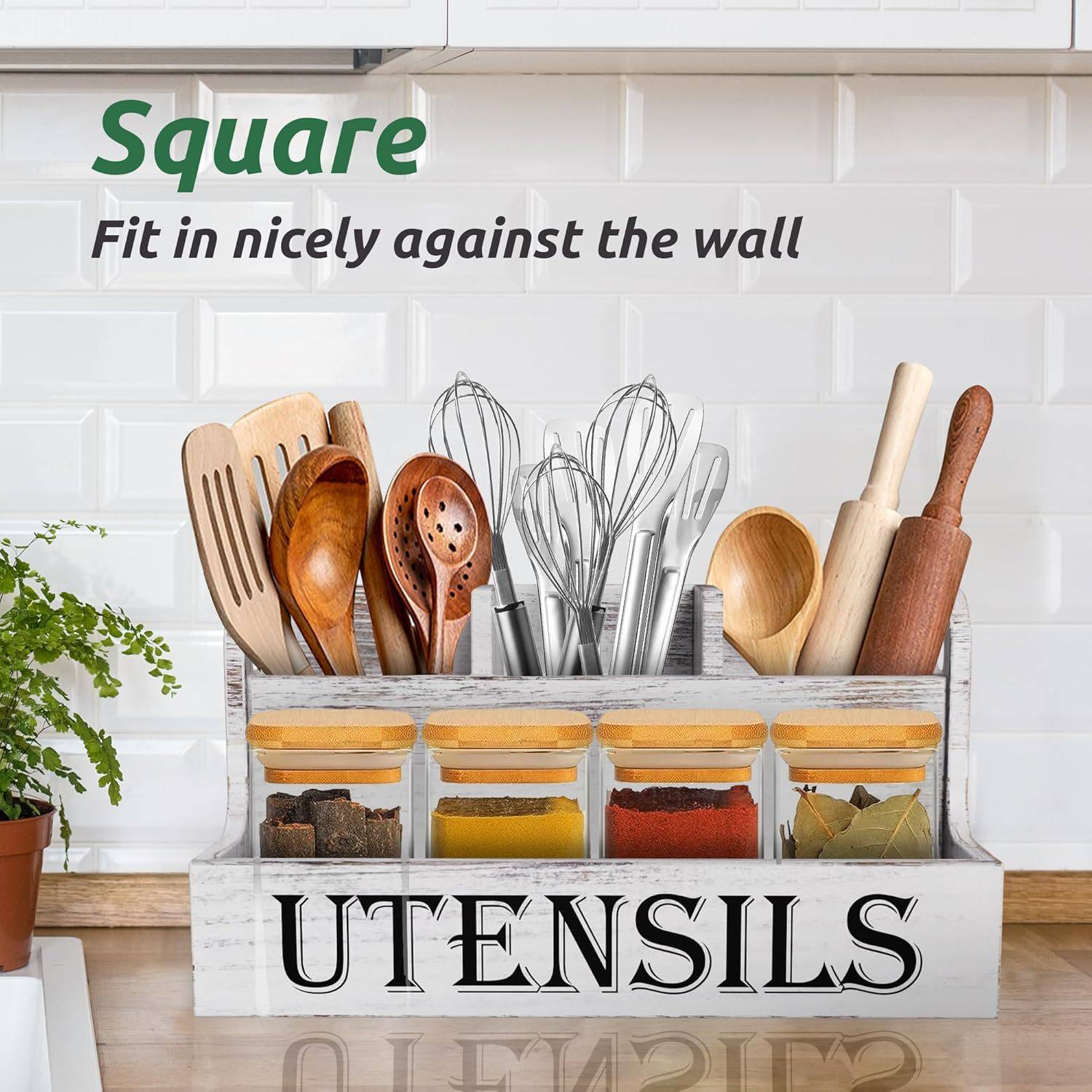 厨房用具支架厨房台面烹饪器具调料储物盒乡村白色木制餐具收纳盒