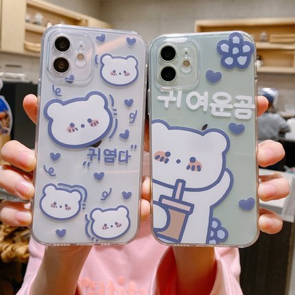 卡通韩文爱心小熊适用苹果xs max手机壳iphone16情侣女se3防摔6splus/8男全包直边13mini透明12promax/15pro9