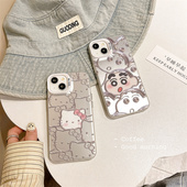 可爱卡通蜡笔小新HelloKitty猫适用iPhone15ProMax手机壳苹果14Plus情侣13硅胶12mini防摔11线条16创意7男8女