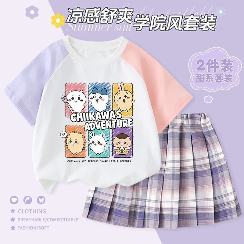 吉伊卡哇女童短袖百褶裙套装夏季