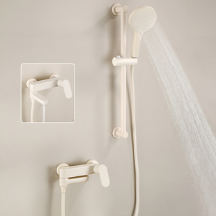 伊古韵奶油白浴室淋浴增压花洒免打孔 酒店式升降淋雨花洒全铜体