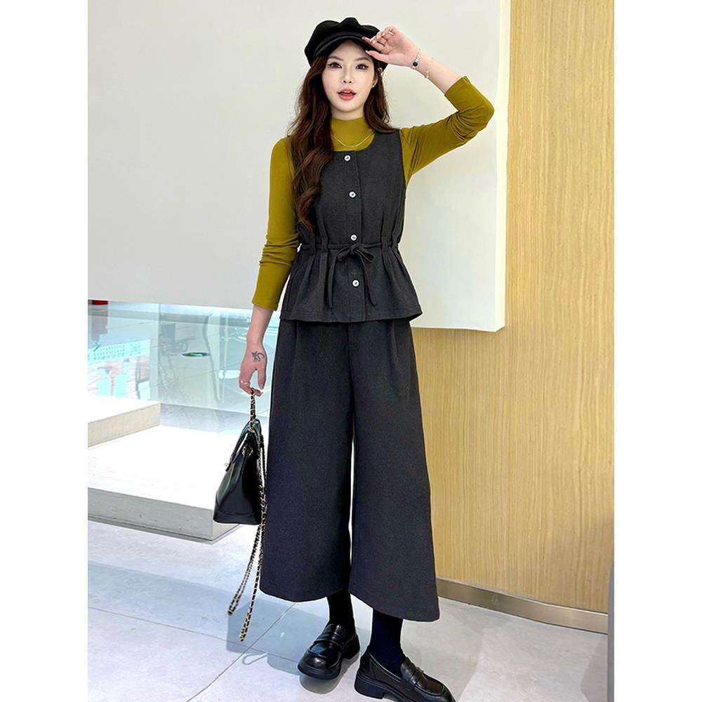 ROUMIKL时尚九分阔腿裤套装女2025春秋新款洋气小个子马甲+打底衫