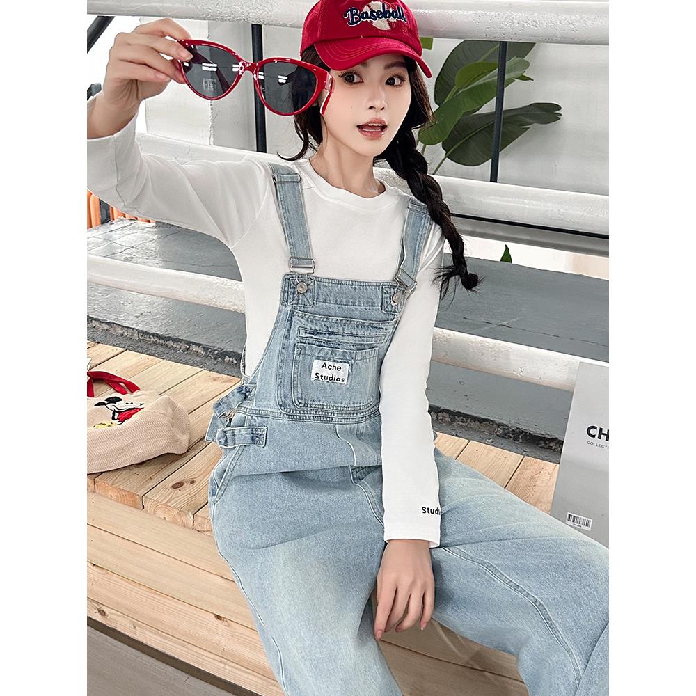 ROUMIKL覆古洗水牛仔背带裤女2025秋季新款宽松直筒高腰阔腿连体