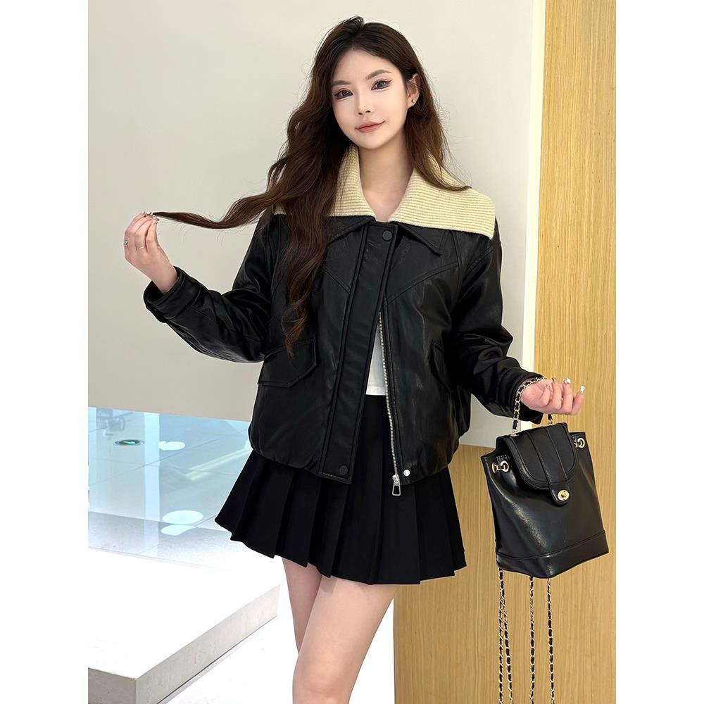 ROUMIKL皮衣短外套女2025年秋冬季新款小个子针织翻领显瘦百搭皮