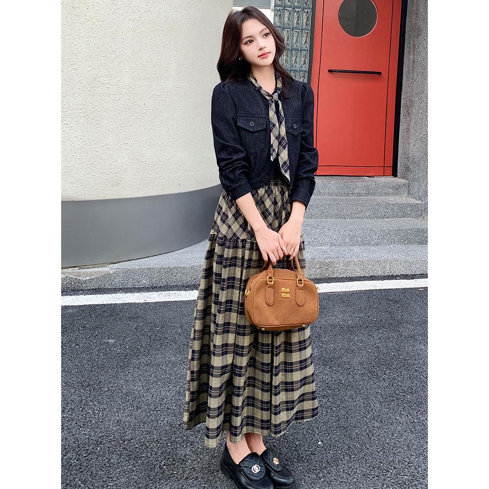 ROUMIKL时尚格子半身裙套装女秋2025年春秋季新款小香风牛仔衣洋