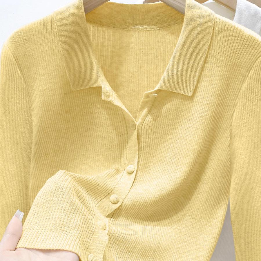 ROUMIKL外贸POLO领长袖上衣女高级宽松纽扣针织开衫