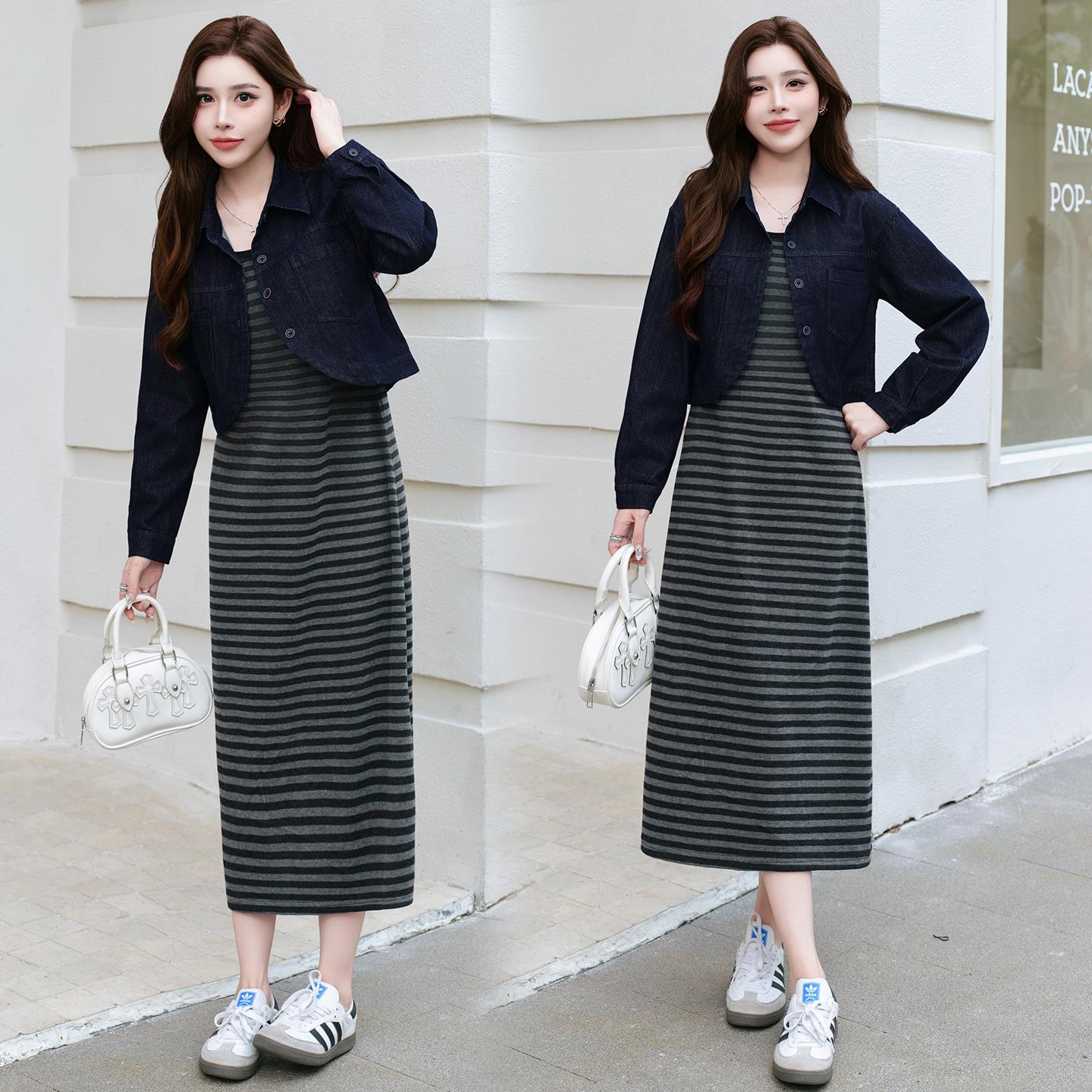 ROUMIKL时尚休闲背心条纹长裙套装女2025春秋新款韩版短款牛仔外