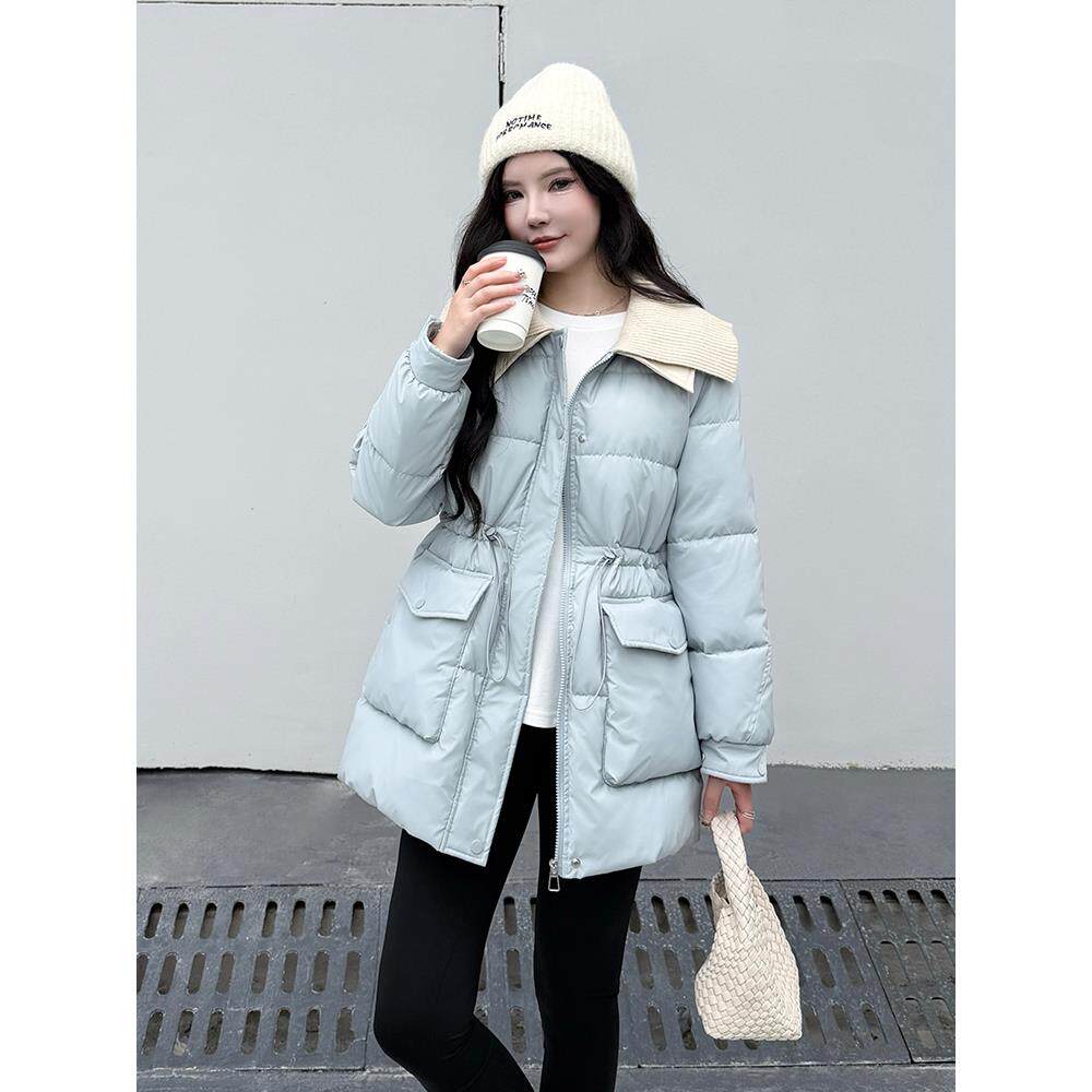 ROUMIKL小个子中长款PU皮服女2025年冬季新款针织翻领显瘦衣袄
