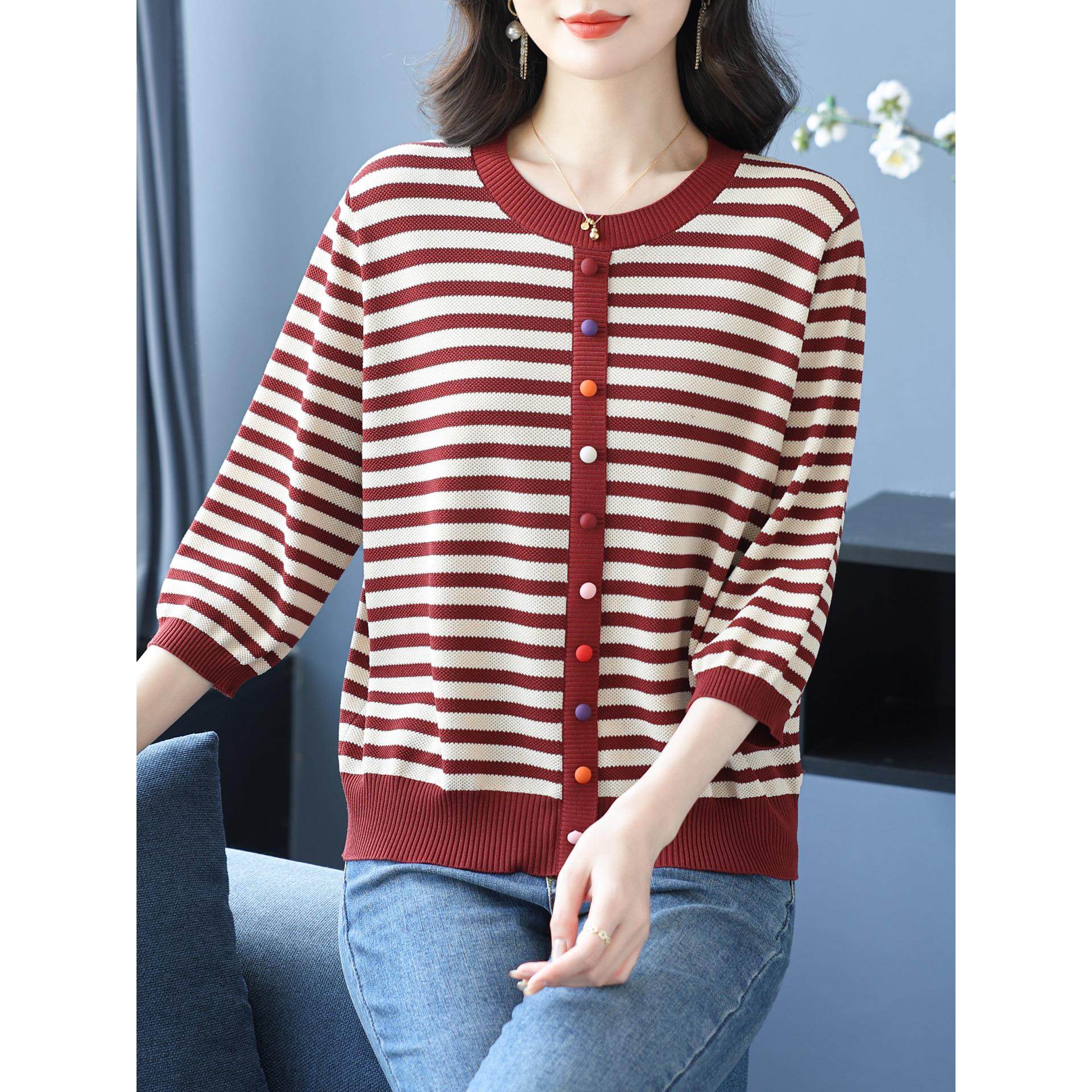 ROUMIKL早秋薄款条纹针织打底衫女宽松洋气妈妈秋装2025新款中袖