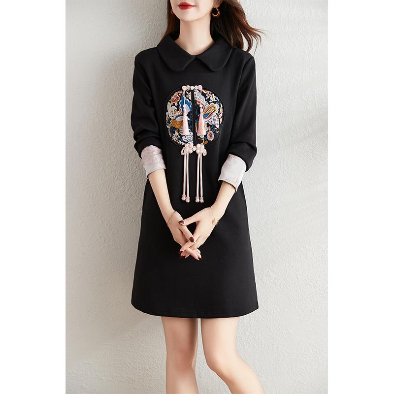 ROUMIKL新中式国风黑色长袖洋装女2025春季新款法式覆古气质显瘦a