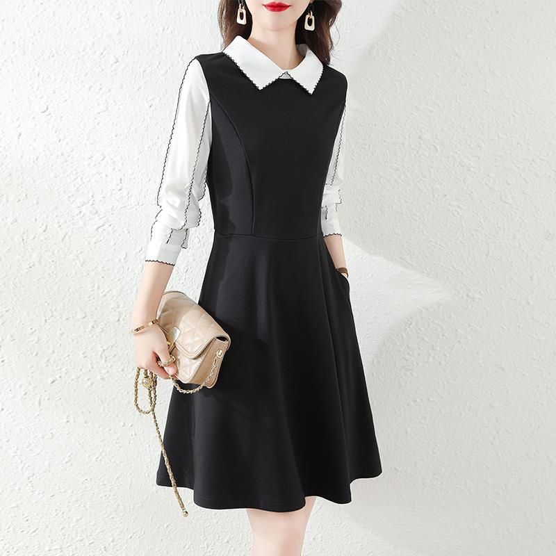 ROUMIKL春季女装2025年新款洋装爆款显瘦拼接假两件气质娃娃领a字