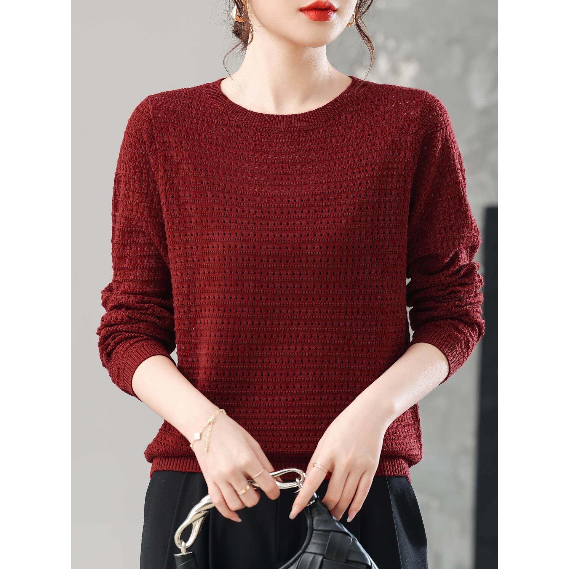 ROUMIKL早秋薄款针织衫长袖镂空上衣秋装2025新款女装圆领宽松打