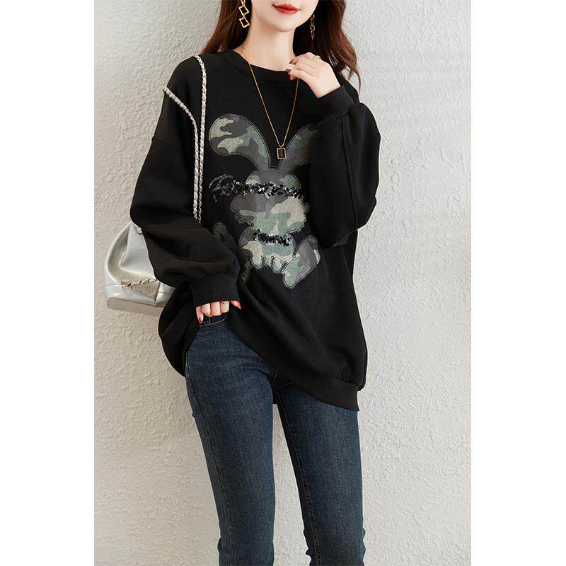 ROUMIKL卡通兔子宽松加绒卫衣外套女春季2025新款慵懒风胖mm遮肉