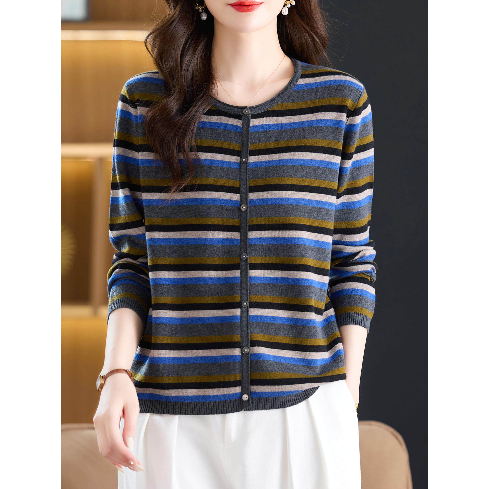 ROUMIKL圆领条纹针织衫春秋薄款长袖上衣早秋女装2025新款宽松毛