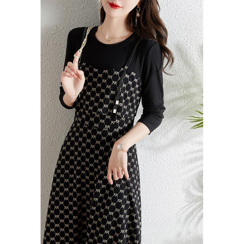 ROUMIKL拼接假两件吊带洋装女春季2025新款收腰显瘦气质波点a字中