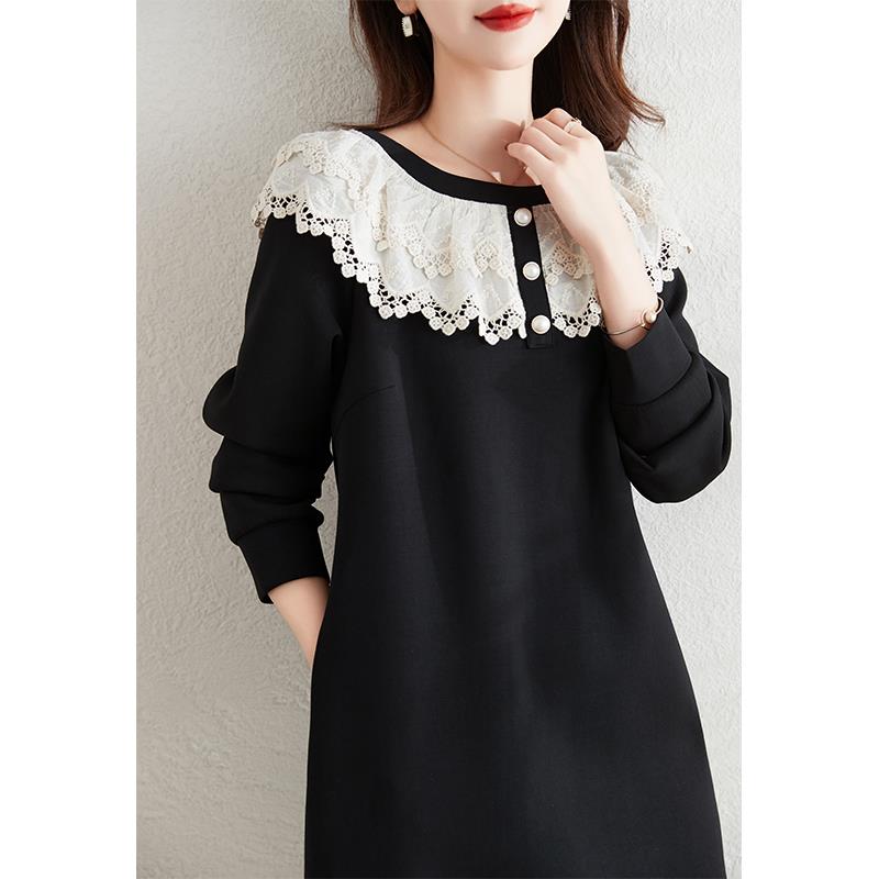 ROUMIKL法式蕾丝拼接洋装女2025春季新款胖mm宽松遮肉显瘦小黑裙