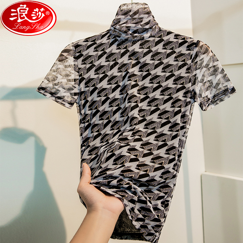 印花网纱打底衫女短袖洋气