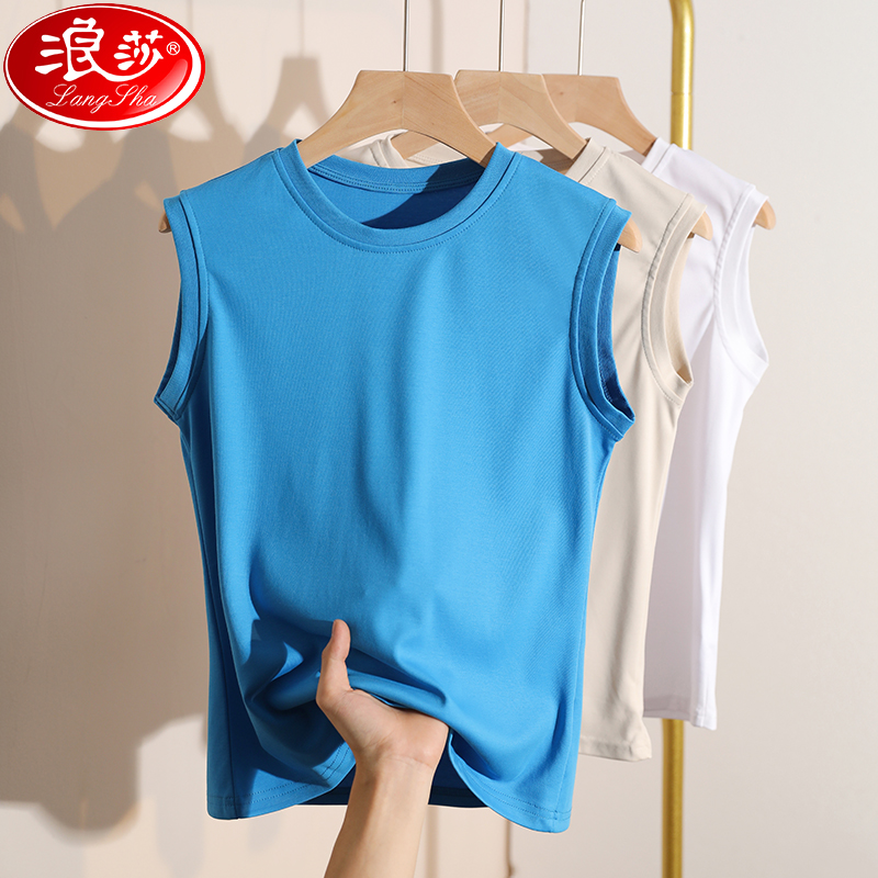 浪莎防晒纯色砍袖圆领T恤女无袖