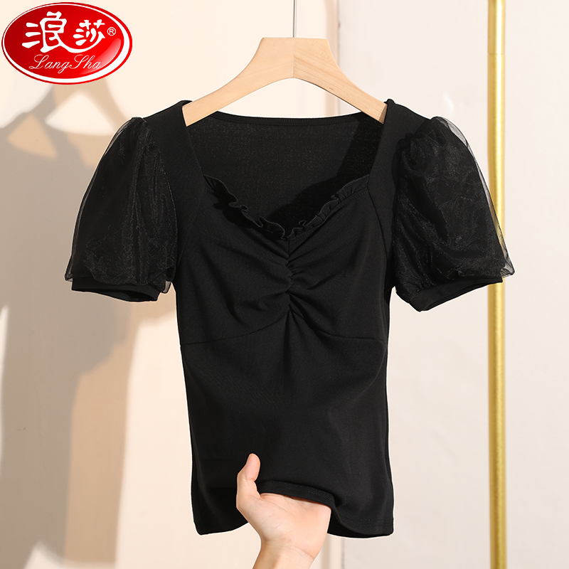 浪莎木耳边方领泡泡袖T恤女短袖