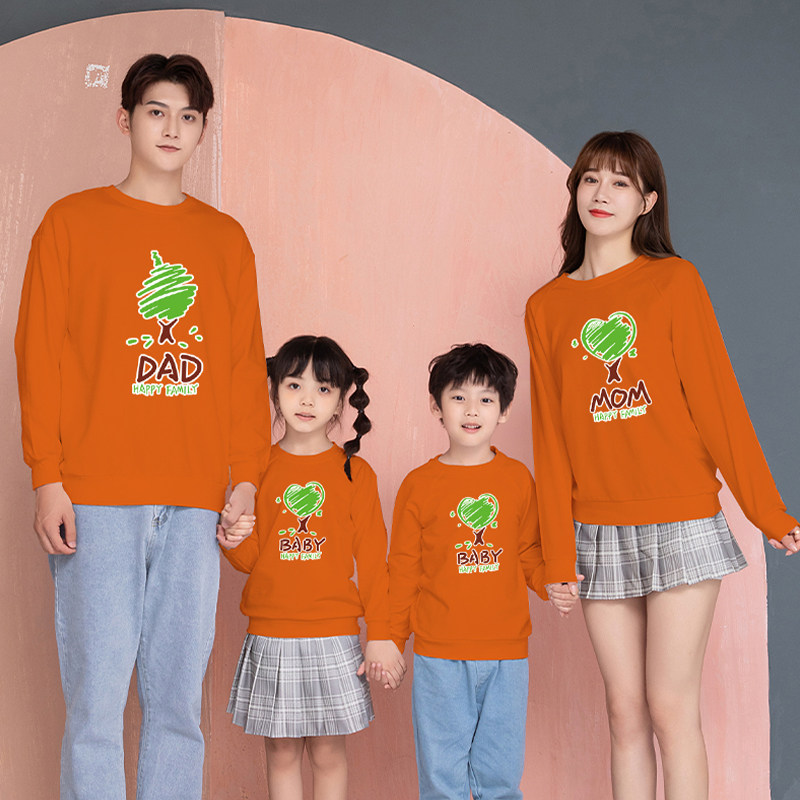 橘色亲子装一家三口秋装2024新款潮牌母女装休闲长袖 卫衣家庭装