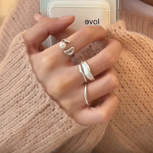 甜酷珍珠豆豆戒指女几何线条不规则交叉S925银开口指环叠戴食指戒