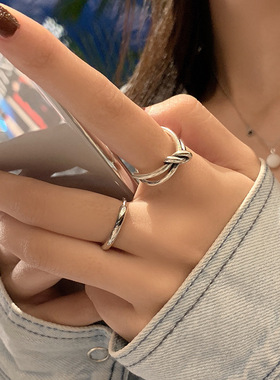 S925复古极简戒指女ins潮个性创意打结交叉食指戒开口戒