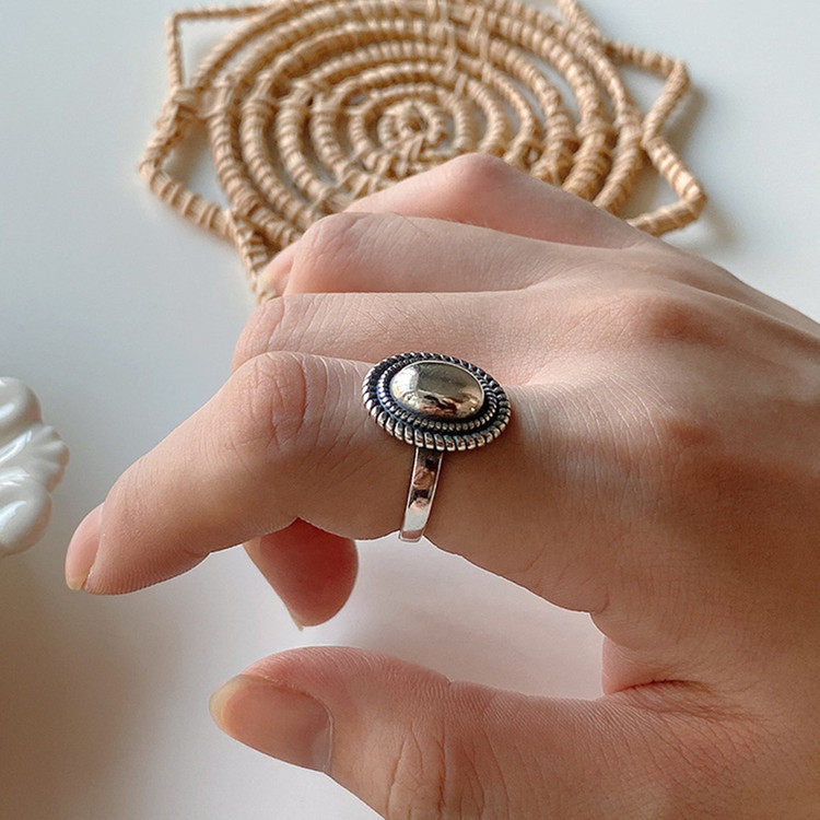 925银不掉色做旧椭圆镜面雕刻麻花边复古潮流时尚设计感开口戒指