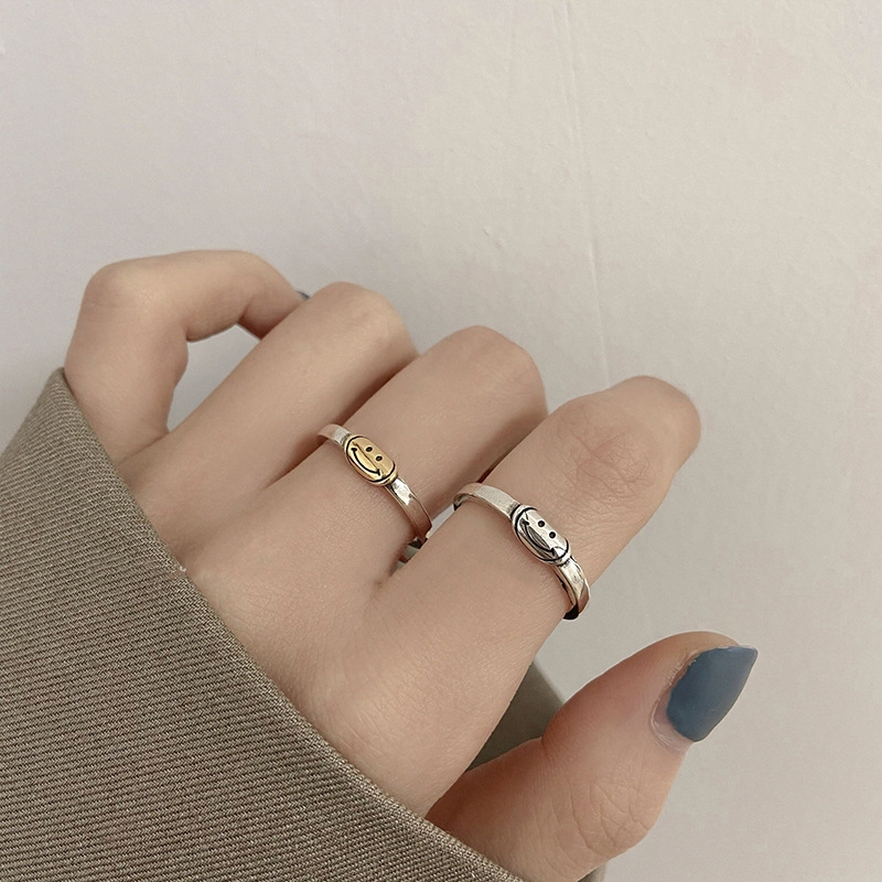 925银复古做旧可爱笑脸小众设计感简约气质个性开口可调节戒指女