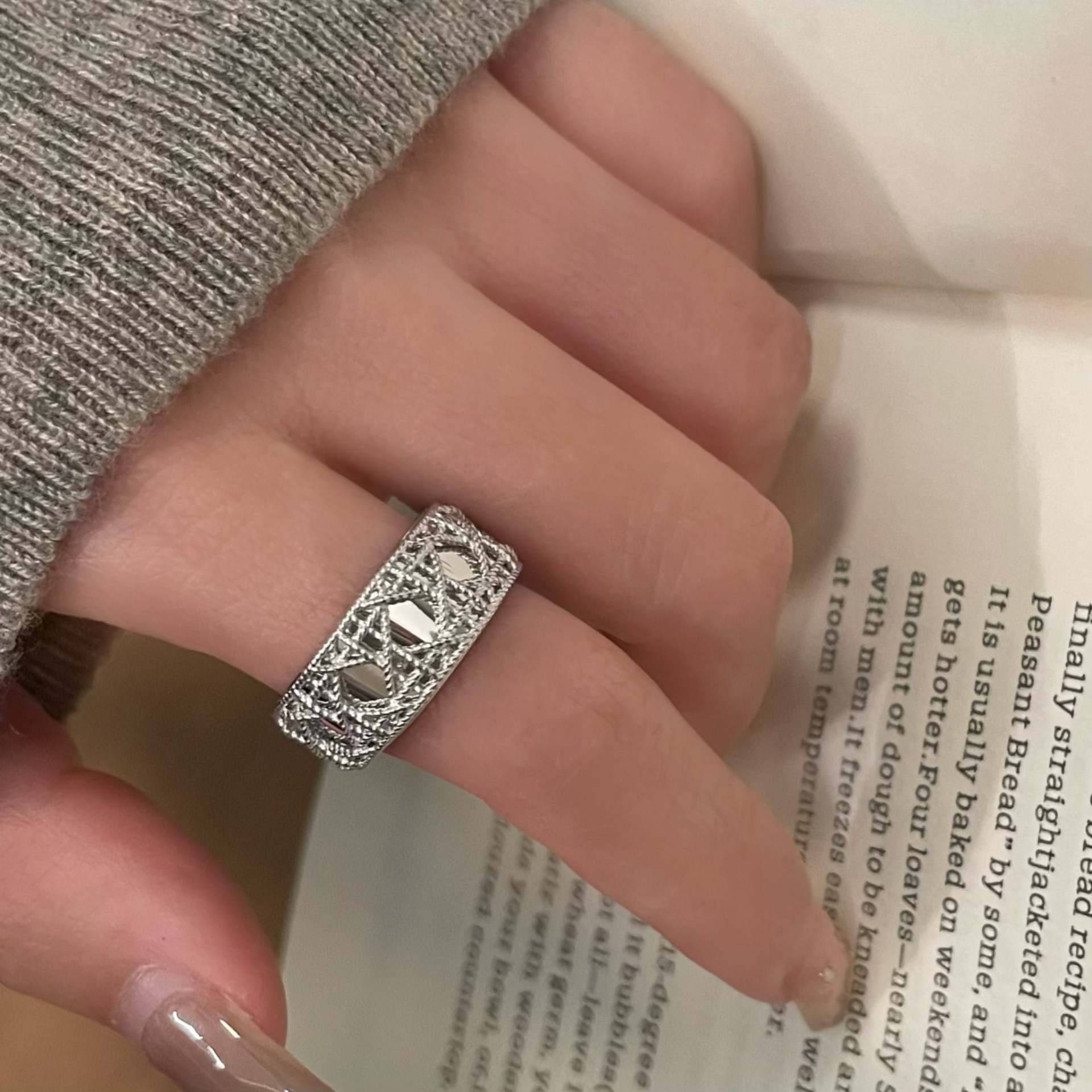 几何网格精致戒指女简约时尚气质网红开口指环几何宽边小众食指戒