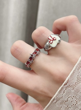 新年甜酷红色系法式可爱少女感蝴蝶结戒指爱心小众百搭开口戒指