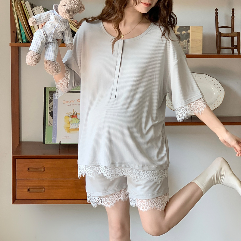 夏季莫代尔月子服夏带胸垫孕妇睡衣短袖短裤哺乳衣孕期家居服套装