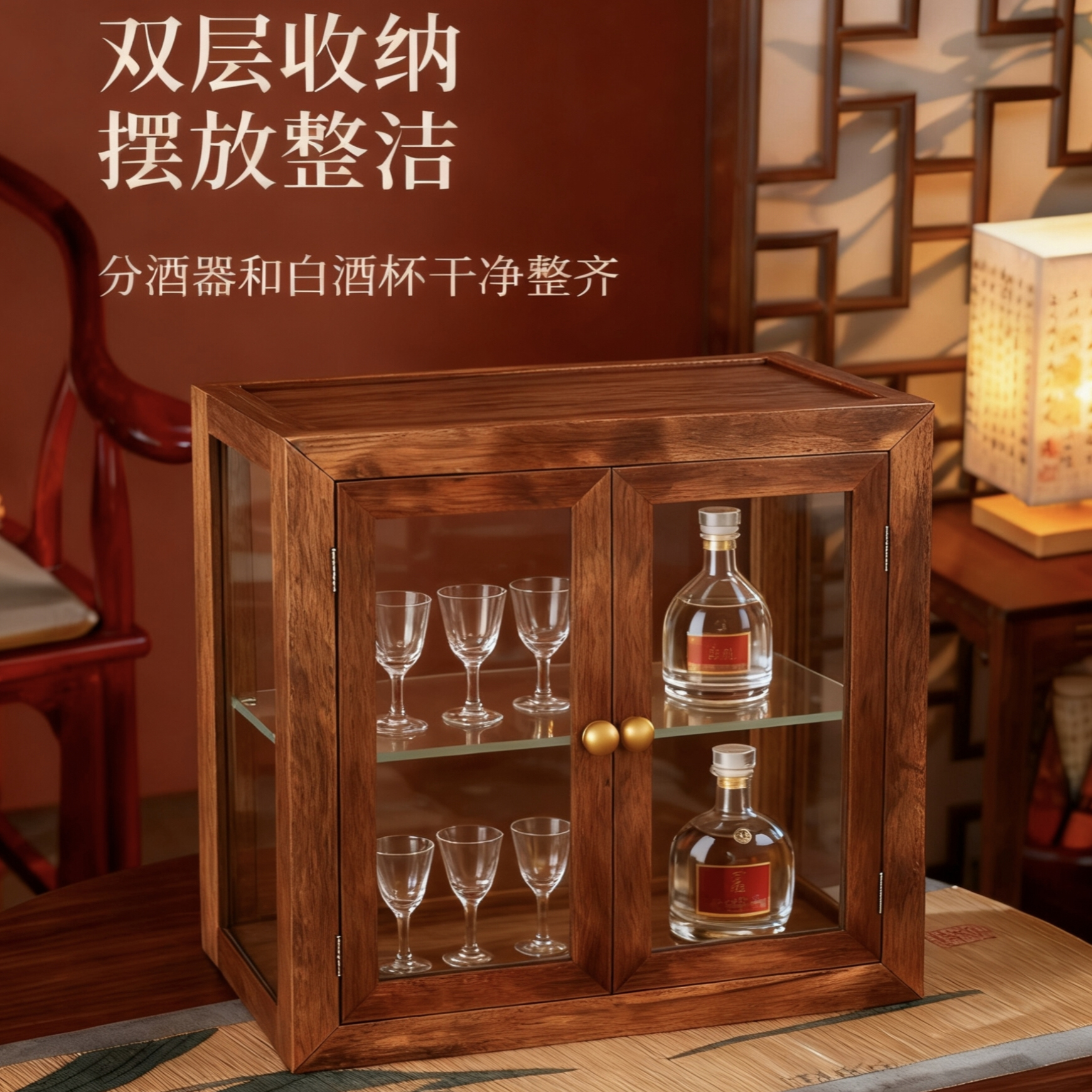 实木酒架展示柜双层收纳分酒器白酒杯摆放整洁玻璃门储物柜