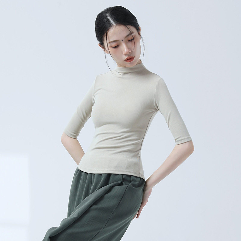 现代古典舞练功服春夏新款半高领中袖女上衣舞蹈服修身形体打底衫图片