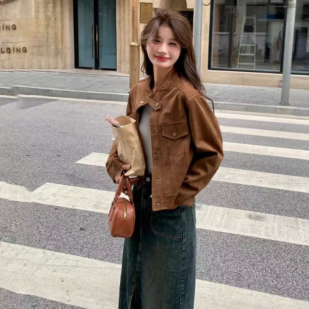 美拉德复古棕色麂皮绒短款外套女