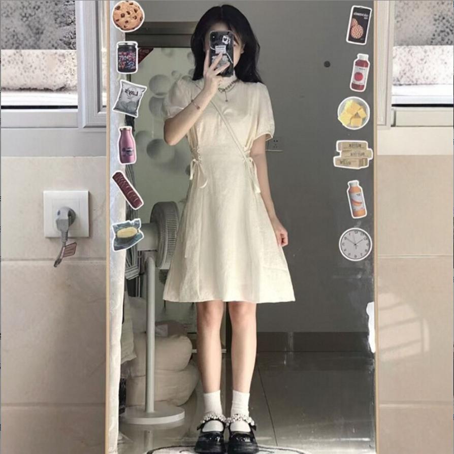 新中式改良旗袍连衣裙女夏季新款小个子系带设计感国风收腰短裙子