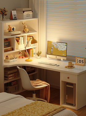 转角书桌书架组合电脑桌台式L型写字桌卧室女孩梳妆台化妆桌一体