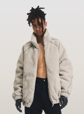 RELABEL 解构双层线条拼接面料仿羊羔绒高领保暖高级感羽绒服外套