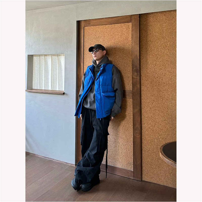 RELABEL 男女飘带水洗休闲膝盖打褶多口袋宽松解构工装裤