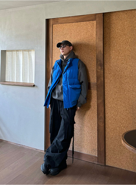 RELABEL 男女飘带水洗休闲膝盖打褶多口袋宽松解构工装裤